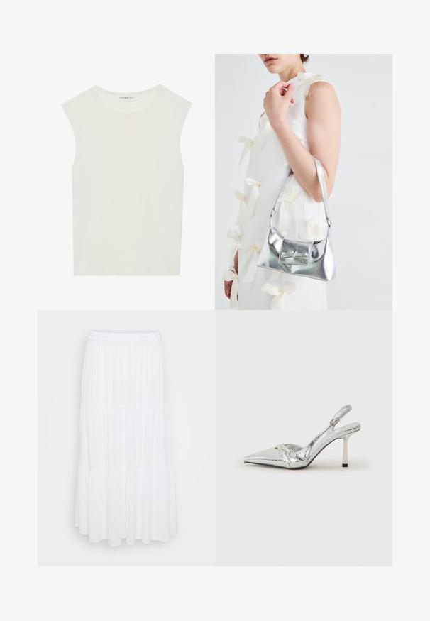 Top branco sem mangas com decote redondo. Feito de um tecido liso, apresenta um corte descontraído e um design minimalista. Sem padrões ou detalhes.; Saia maxi branca em camadas feita de um tecido leve, apresentando uma cintura elástica e uma textura fluida com detalhes de franzido subtil.; Sapato de salto alto slingback prateado com bico fino, acabamento metálico, duas correias decorativas e um salto esbelto com ponta preta.; Bolsa metálica prateada com uma forma estruturada, apresentando uma alça superior e um detalhe de laço na frente. Textura suave, acabamento reflexivo.