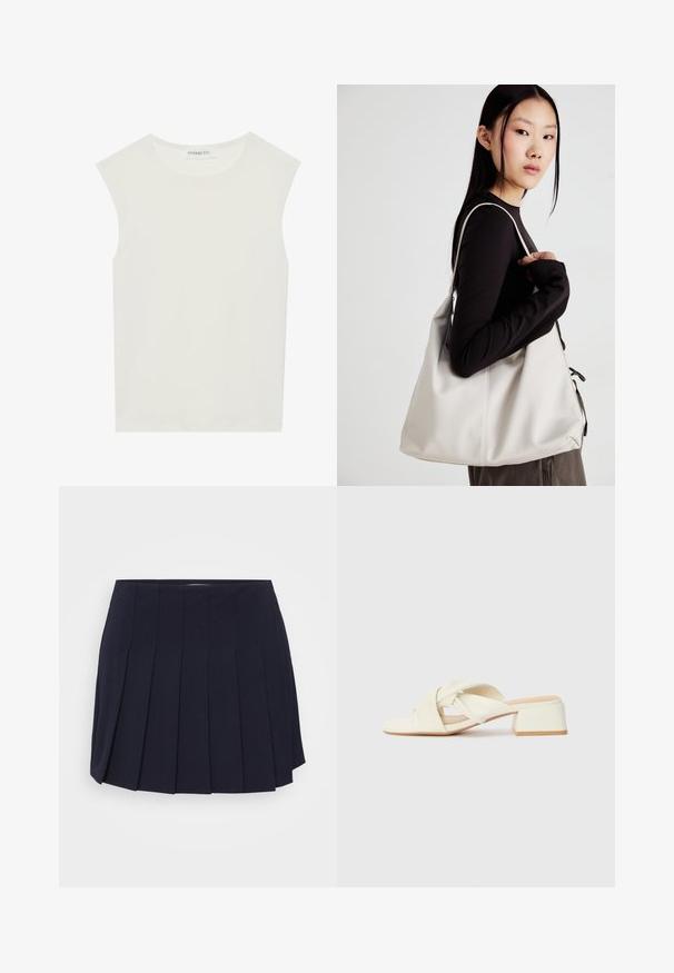 White sleeveless top with a round neckline. Made of smooth fabric, it features a relaxed fit and minimalist design. No patterns or accents.; Navy pleated skirt made from smooth fabric. Features a waistband and distinct vertical pleats, offering a structured silhouette.; Cream-colored block-heeled sandals with twisted straps and a flat toe bed. Smooth synthetic material with a matte finish.; Beige handbag made of soft material, featuring a slouchy design, stitched detailing, and two shoulder straps. Suitable for everyday use.