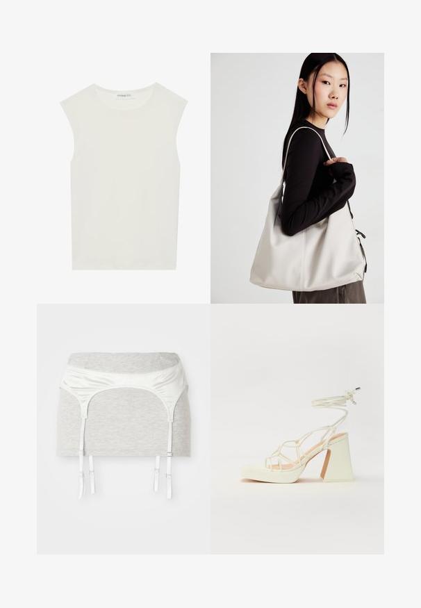 Biely bezrukávový top s okrúhlym výstrihom. Vyrobený z hladkého materiálu, má uvoľnený strih a minimalistický dizajn. Žiadne vzory alebo akcenty.; Šedá bavlnená tkanina s hodvábnym bielym opaskom a štyrmi nastaviteľnými stuhami pre použitie ako podväzok. Hladká textura, priliehavý dizajn.; Biele sandále na vysokom opätku s hrubým podpätkom, s pruhovaným dizajnom a viazaním na členku. Hladký povrch s platformou vpredu pre zvýšenú výšku.; Béžová kabelka vyrobená z mäkkého materiálu, s uvoľneným dizajnom, prišitými detailmi a dvoma popruhmi na nosenie na pleciach. Vhodná na každodenné nosenie.
