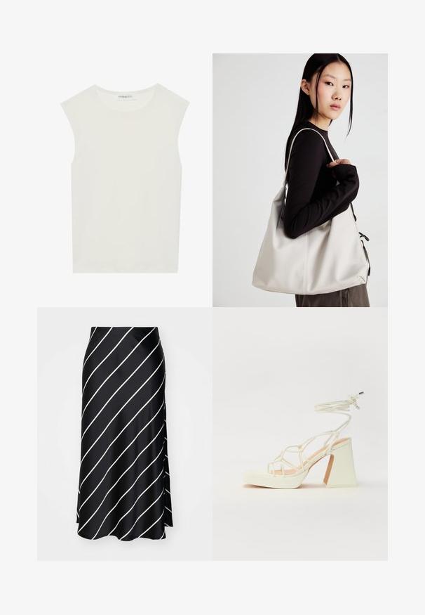 White sleeveless top with a round neckline. Made of smooth fabric, it features a relaxed fit and minimalist design. No patterns or accents.; Black satin skirt with diagonal white stripes, featuring a side slit and a smooth texture, designed for fluid movement.; White high-heeled sandal with a chunky heel, featuring a strappy design and ankle tie. Smooth texture with a platform front for added height.; Beige handbag made of soft material, featuring a slouchy design, stitched detailing, and two shoulder straps. Suitable for everyday use.