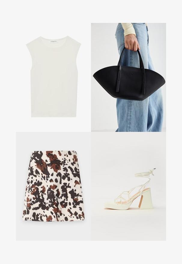Weißes ärmelloses Top mit rundem Ausschnitt. Hergestellt aus glattem Stoff, hat es einen lässigen Schnitt und minimalistisches Design. Keine Muster oder Akzente.; Kurzer Rock mit einem Kuhfleckenmuster in Creme, Braun und Schwarz. Hergestellt aus weichem Stoff; hat ein gerades, figurbetontes Design und leichten Stretch.; Weiße High-Heel-Sandale mit einem klobigen Absatz, die über ein Riemchendesign und ein Knöchelband verfügt. Glatte Textur mit einer Plattform vorne für zusätzliche Höhe.; Schwarze Lederhandtasche mit einzigartiger Fächerform, ausgestattet mit flachen Griffen. Die Oberfläche hat eine genoppte Textur und ein minimalistisches Design.