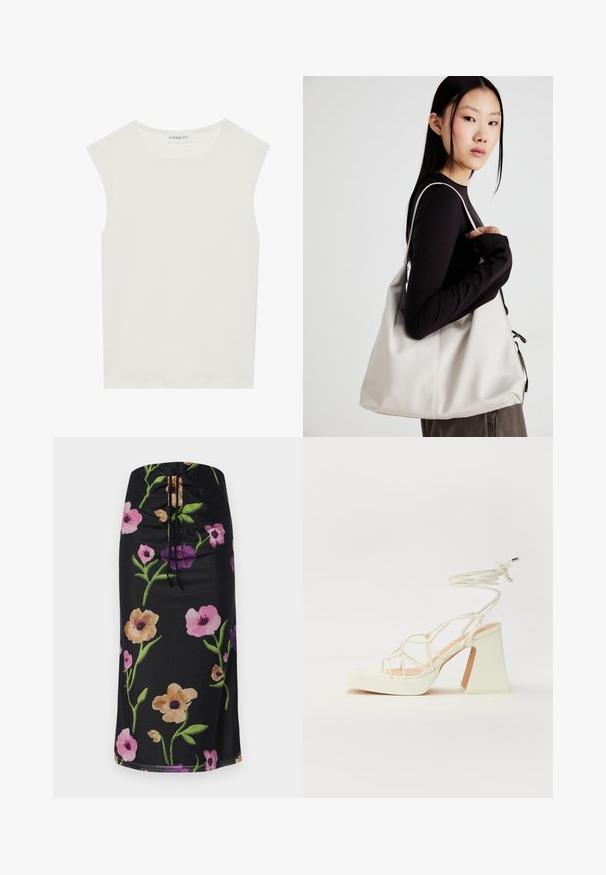 Bílý bezrukávový top s kulatým výstřihem. Vyroben z hladkého materiálu, má volný střih a minimalistický design. Bez vzorů nebo akcentů.; Midi sukně s květinovým potiskem na černém pozadí, s velkými růžovými, purpurovými a béžovými květinami, stahovací šňůrkou v pase, hladká látka.; Bílé sandály na vysokém podpatku s robustním podpatkem, s designem s pásky a zavazováním kolem kotníku. Hladký povrch s platformou vpředu pro zvýšení výšky.; Beige kabelka vyrobená z měkkého materiálu, s volným designem, prošívanými detaily a dvěma ramenními popruhy. Vhodná pro každodenní použití.