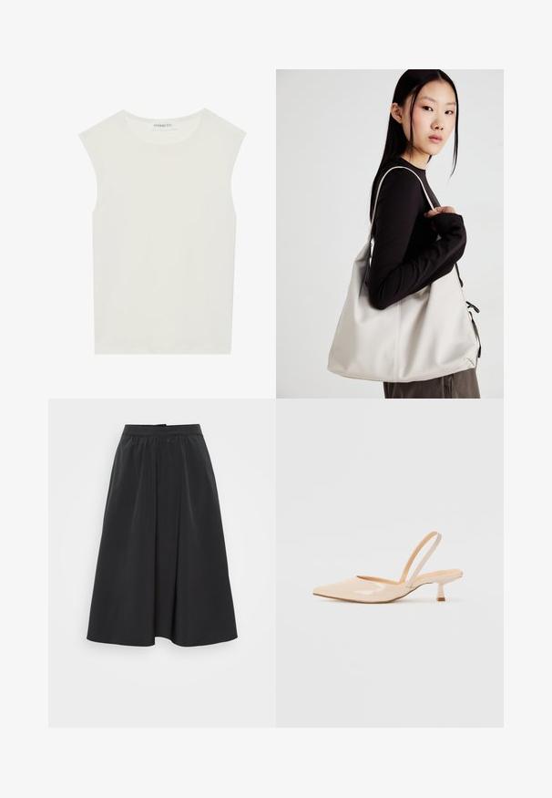 Hvit ermeløs topp med rund hals. Laget av glatt stoff, har den en avslappet passform og minimalistisk design. Ingen mønstre eller detaljer.; Svart midi-skirt laget av glatt stoff, med en rynket midjebånd og subtile folder, som skaper en flytende silhuett.; Beige patenterte lærremmer med spiss tå og slank, firkantet hæl. Glatt tekstur og minimalistisk design uten dekorasjoner.; Beige håndveske laget av mykt materiale, med en slapp design, sydd detaljer og to skulderstropper. Passer for daglig bruk.