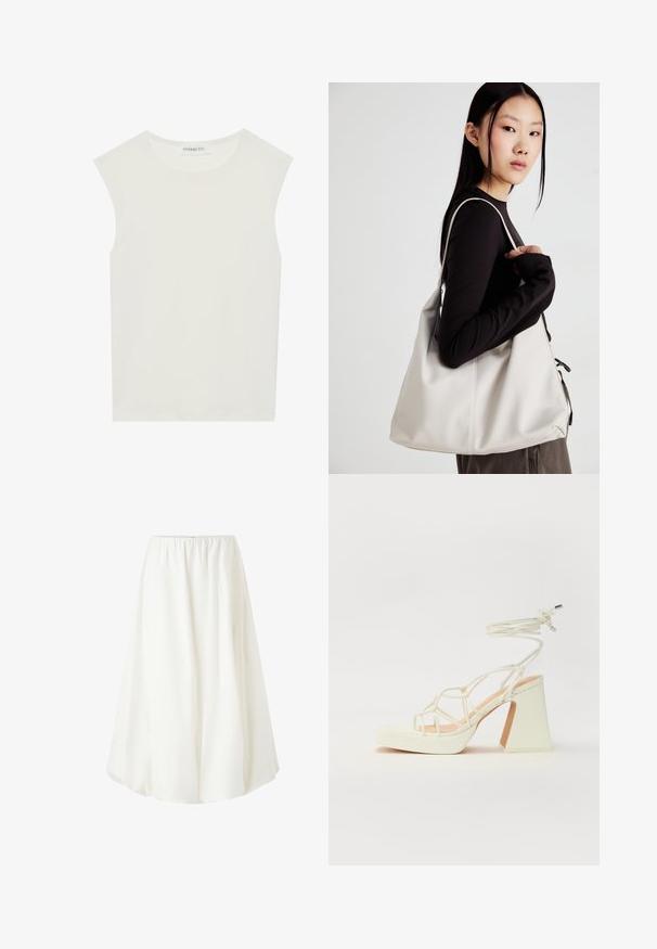White sleeveless top with a round neckline. Made of smooth fabric, it features a relaxed fit and minimalist design. No patterns or accents.; White, knee-length skirt with an elastic waistband, featuring a flowy design and lightweight fabric that drapes softly. No visible patterns.; White high-heeled sandal with a chunky heel, featuring a strappy design and ankle tie. Smooth texture with a platform front for added height.; Beige handbag made of soft material, featuring a slouchy design, stitched detailing, and two shoulder straps. Suitable for everyday use.