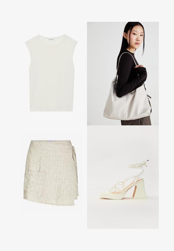 Hvit ermeløs topp med rund hals. Laget av glatt stoff, har den en avslappet passform og minimalistisk design. Ingen mønstre eller detaljer.; Beige omslagsskjørt med vertikale striper. Har en sidelomme, teksturert stoff og justerbar knyting i livet.; Hvit høyhælte sandal med kraftig hæl, med en stroppe-design og ankelbånd. Glatt tekstur med plattform foran for ekstra høyde.; Beige håndveske laget av mykt materiale, med en slapp design, sydd detaljer og to skulderstropper. Passer for daglig bruk.