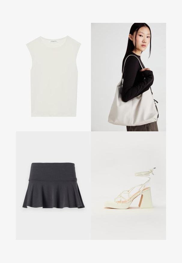 Biely bezrukávový top s okrúhlym výstrihom. Vyrobený z hladkého materiálu, má uvoľnený strih a minimalistický dizajn. Žiadne vzory alebo akcenty.; Šedá rozšírená sukňa vyrobená z jemného materiálu s priliehavým pásom. Spodný lem pridáva jemné rozšírenie, čo zvyšuje pohyb a pohodlie.; Biele sandále na vysokom opätku s hrubým podpätkom, s pruhovaným dizajnom a viazaním na členku. Hladký povrch s platformou vpredu pre zvýšenú výšku.; Béžová kabelka vyrobená z mäkkého materiálu, s uvoľneným dizajnom, prišitými detailmi a dvoma popruhmi na nosenie na pleciach. Vhodná na každodenné nosenie.