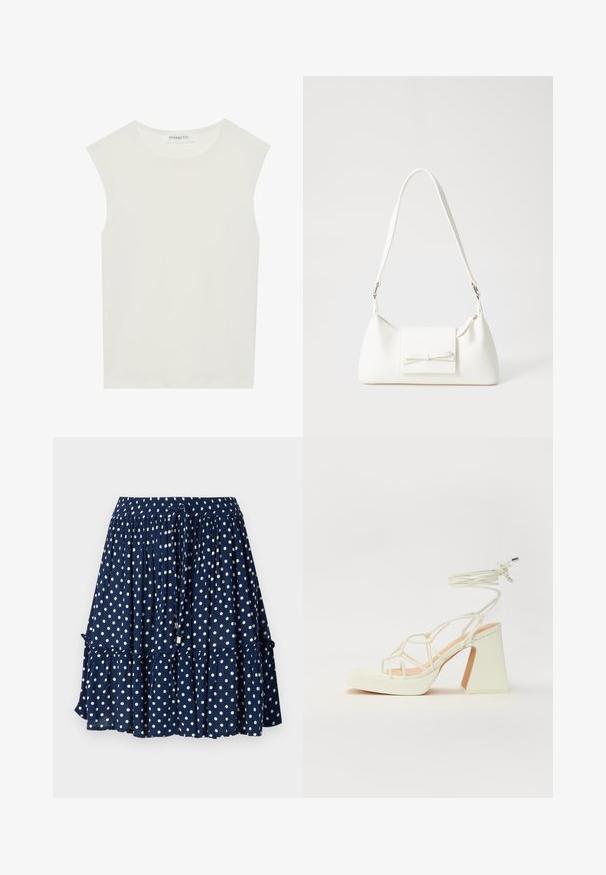 Witte mouwloze top met een ronde halslijn. Gemaakt van gladde stof, het heeft een losse pasvorm en een minimalistisch ontwerp. Geen patronen of accenten.; Marineblauwe rok met witte stippen, met een ruches zoom en een elastische tailleband met een trekkoord voor een verstelbare pasvorm.; Witte hoge hakken sandaal met een chunky hak, met een bandjesontwerp en enkelband. Gladde textuur met een plateau voor extra hoogte.; Witte synthetische handtas met een driehoekige vorm, platte voorklep en strikdetail, verstelbare schouderriem, gladde textuur en minimalistisch ontwerp.
