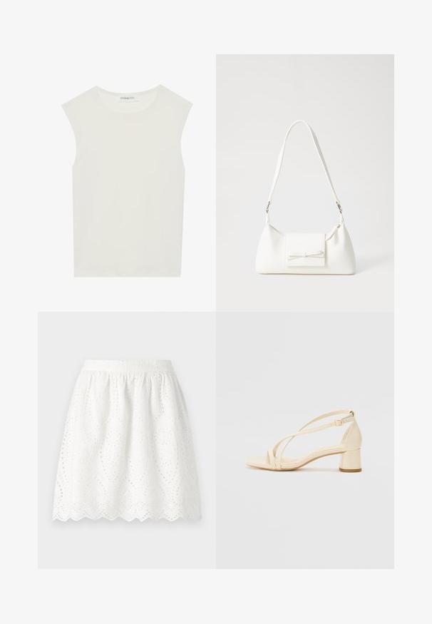 Biely bezrukávový top s okrúhlym výstrihom. Vyrobený z hladkého materiálu, má uvoľnený strih a minimalistický dizajn. Žiadne vzory alebo akcenty.; Biela sukňa s vyšívanými dierkami a oblým lemom. Má nariasený pás a zložené vzory po celom materiále.; Béžové sandále na opätku s blokovým opätkom, páskovým dizajnom a nastaviteľným remienkom na členku, vyrobené z hladkého syntetického materiálu s matným povrchom.; Biela syntetická kabelka s trojuholníkovým tvarom, plochým predným klapkou a detailom mašle, nastaviteľným popruhom, hladkou textúrou a minimalistickým dizajnom.