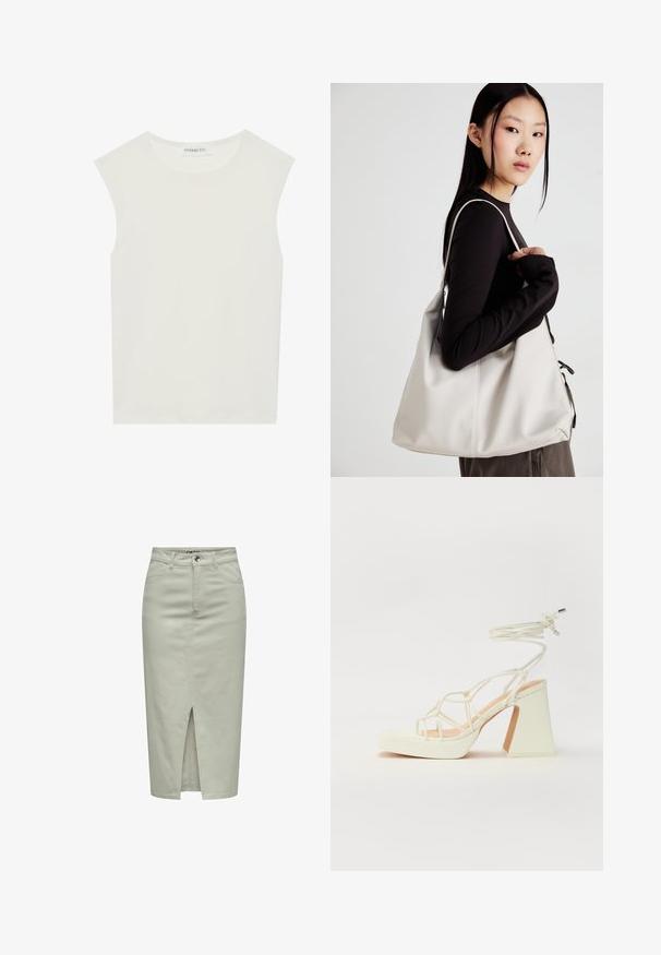 Top bianco senza maniche con scollatura rotonda. Realizzato in tessuto liscio, presenta una vestibilità rilassata e un design minimalista. Nessun motivo o accentuazione.; Gonna midi in denim verde chiaro con spacco frontale, design a cinque tasche, passanti per la cintura e chiusura con un singolo bottone. Texture liscia e silhouette aderente.; Sandalo bianco con tacco alto, caratterizzato da un design a cinturini e un legaccio alla caviglia. Texture liscia con una piattaforma frontale per un'altezza aggiuntiva.; Borsa a mano beige realizzata in materiale morbido, caratterizzata da un design morbido, dettagli cuciti e due manici. Adatta per l'uso quotidiano.