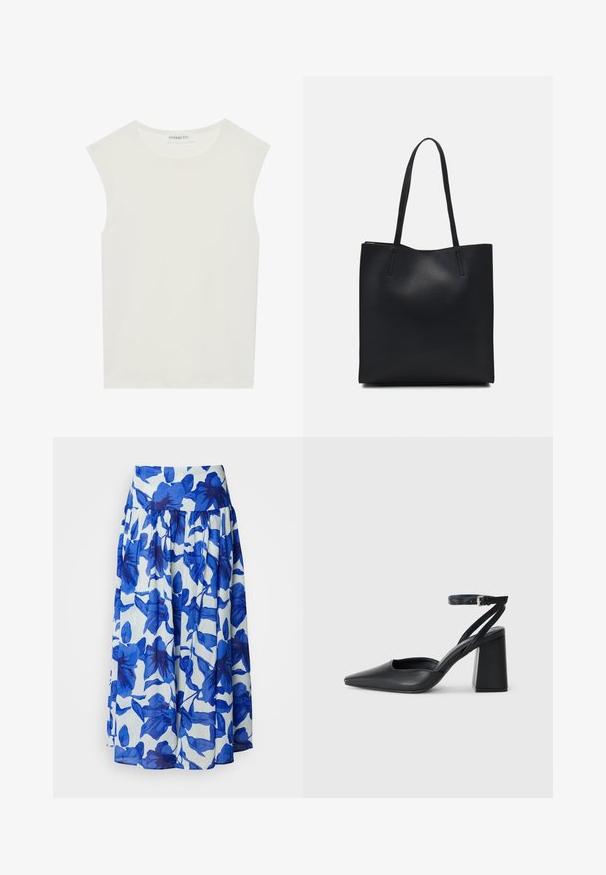 Top bianco senza maniche con scollatura rotonda. Realizzato in tessuto liscio, presenta una vestibilità rilassata e un design minimalista. Nessun motivo o accentuazione.; Gonna a ruota in tessuto leggero con motivo floreale blu su sfondo bianco, caratterizzata da una vita alta e dettagli arricciati.; Pump in pelle nera con punta affusolata, cinturino alla caviglia e tacco spesso. Texture piatta, design elegante ed estetica minimalista.; Borsa tote in pelle nera con texture liscia, forma rettangolare e due manici lunghi. Nessun hardware o decorazione visibile.
