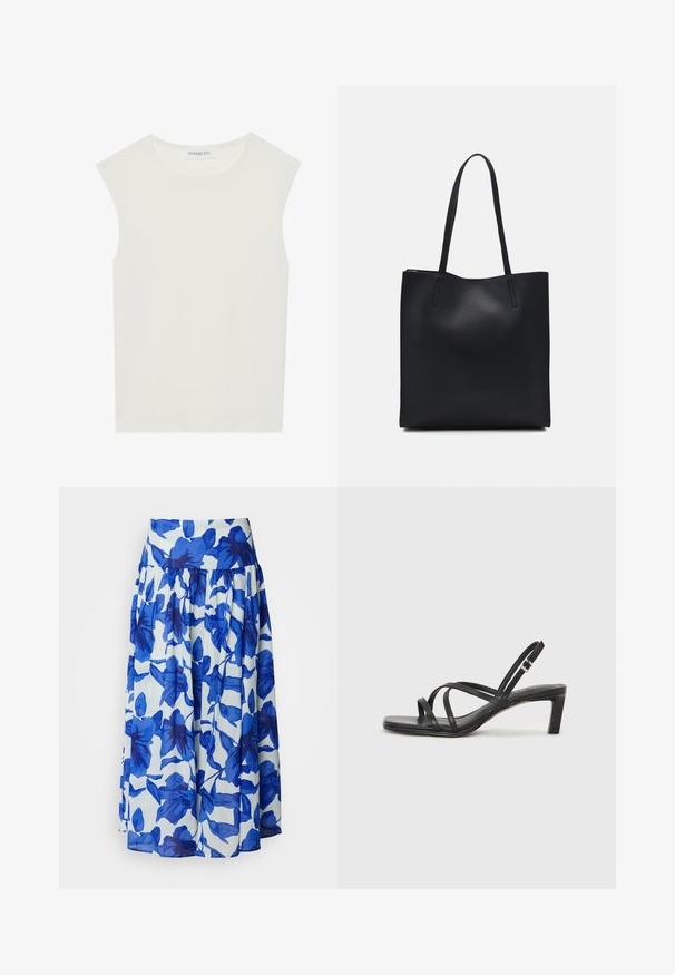 Bijela majica bez rukava s okruglim izrezom. Izrađena je od glatkog materijala, nudi opušteni kroj i minimalistički dizajn. Bez uzoraka ili ukrasa.; Široka suknja od lagane tkanine s plavim cvjetnim uzorkom na bijeloj podlozi, s visokim pojasom i nabranim detaljima.; Crne sandale s trakama, kvadratnim prstom i niskom blok petom. Ima više tankih trakica i podesivu trakicu oko gležnja. Izrađene su od glatke kože.; Crna kožna torba za nošenje s glatkom teksturom, pravokutnim oblikom i dvije duge ručke. Nema vidljivih metalnih dijelova ili ukrasa.; Srebrne naušnice od obruča s glatkim, okruglim dizajnom i poliranim završetkom. Tanak su i lagani, s jednostavnim zatvaranjem.