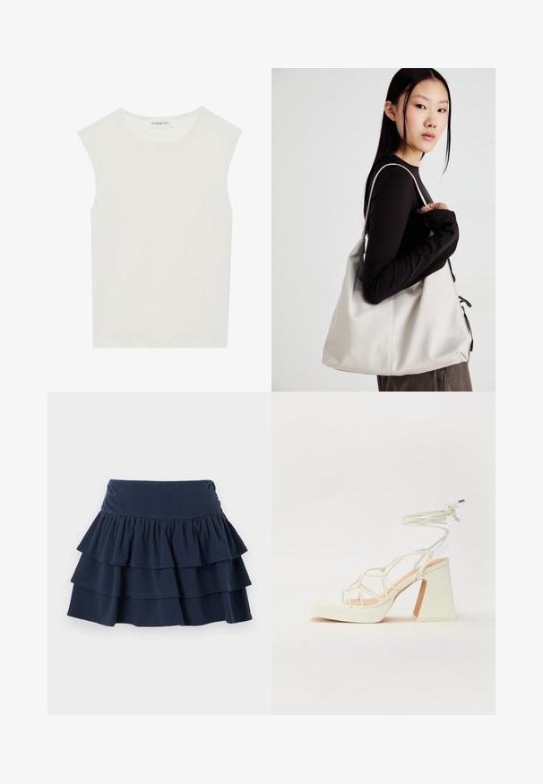 Top branco sem mangas com decote redondo. Feito de um tecido liso, apresenta um corte descontraído e um design minimalista. Sem padrões ou detalhes.; Hollister Co. MAY RUFFLE - Calções - dark blue; Sandálias brancas de salto alto com um salto robusto, apresentando um design com tiras e amarração no tornozelo. Textura suave com uma plataforma na frente para altura adicional.; Uma bolsa bege feita de material macio, com um design descontraído, detalhes de costura e duas alças para o ombro. Adequada para uso diário.