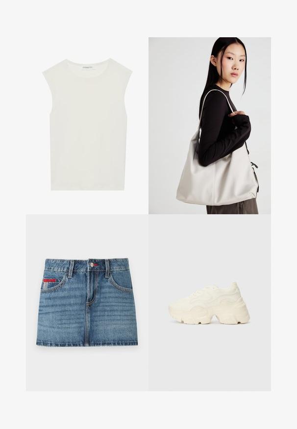 Top branco sem mangas com decote redondo. Feito de um tecido liso, apresenta um corte descontraído e um design minimalista. Sem padrões ou detalhes.; Saia mini de ganga em azul médio com textura desbotada, cinco bolsos e pormenores em pespontado vermelho. Apresenta um fecho de botão e passadores para cinto.; Sapatilhas brancas chunky feitas de malha texturizada e materiais sintéticos, apresentando uma sola espessa e detalhes de padrão intrincados ao longo dos lados.; Uma bolsa bege feita de material macio, com um design descontraído, detalhes de costura e duas alças para o ombro. Adequada para uso diário.