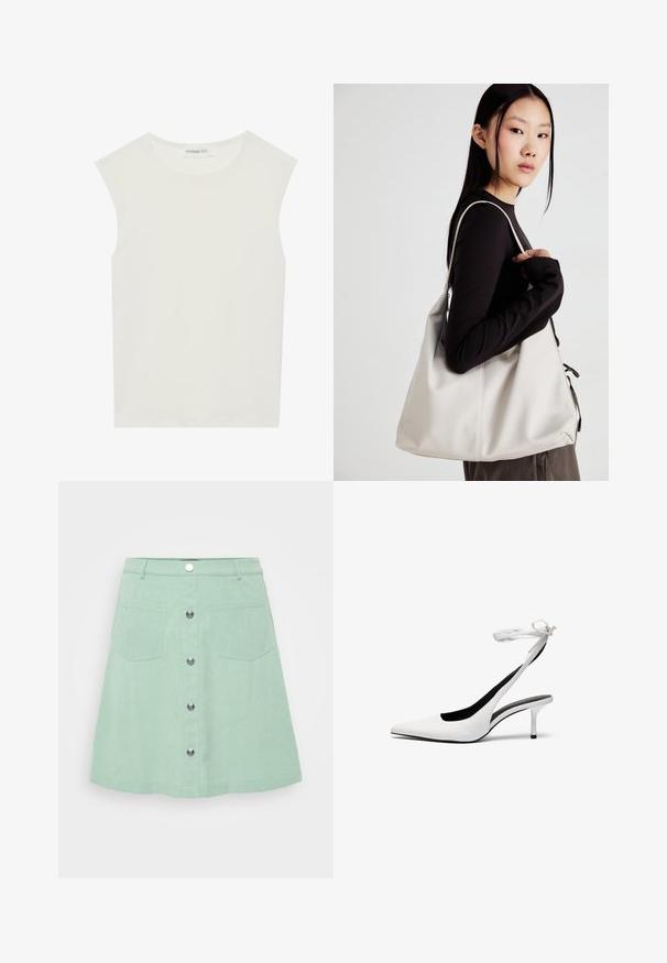 Bela brezrokavnica s okroglim izrezom. Narejena iz gladkega materiala, ima sproščen kroj in minimalističen dizajn. Brez vzorcev ali okrasnih elementov.; Minta zelena denim krila s gumbom, dvema sprednjima žepoma in razširjenim krojem. Teksturovan material z vidnimi šivi.; Bele stiletto sandale z odprtim nosom in tankim zapenjanjem okoli gležnja. Gladek usnjen material, tanki stiletto pete in črna notranja podloga.; Bežna torbica iz mehkega materiala, z ohlapno zasnovo, šivi in dvema naramnicama. Primerna za vsakodnevno uporabo.