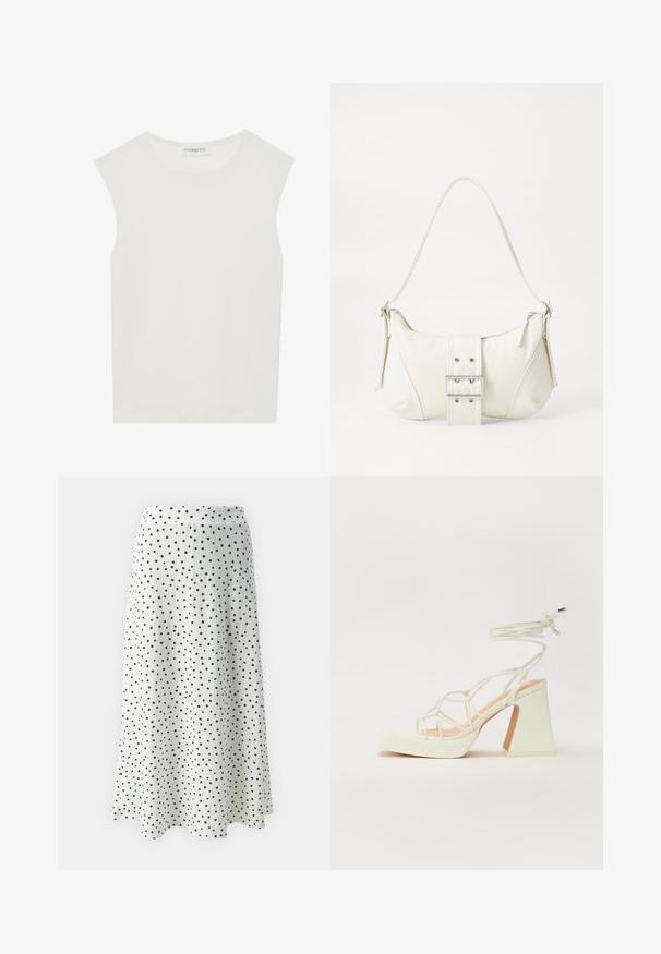 Valge ilma varrukateta topp ümmarguse kaelusega. Valmistatud siledast kangast, sellel on mugav lõige ja minimalistlik disain. Ei ole mustreid ega aksessuaare.; Valge midiseelik mustade täppidega, millel on tekstureeritud kangas ja laienev siluett, lõpetatud õrna taljeelgiga.; Valged kõrge kontsaga sandaalid, millel on paks konts ja rihmadega disain koos pahkluu sidumisega. Sile tekstuur ja platvorm ees, et lisada kõrgust.; Valge õlakott tekstuuriga viimistlusega, keskel kinnitatud pandlaga ja kõverate kujunditega. Tõmblukuga kinnitused mõlemal küljel.