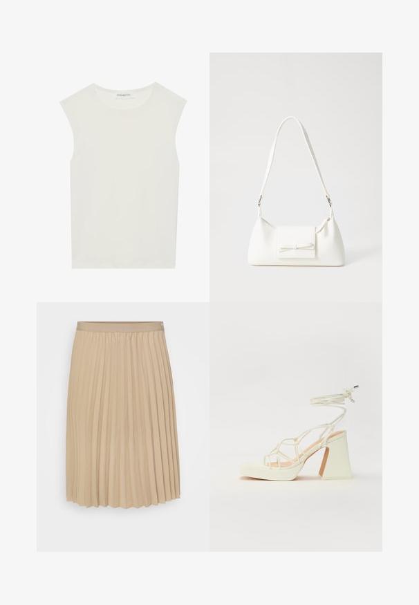 Top blanco sin mangas con escote redondo. Hecho de una tela suave, presenta un corte relajado y un diseño minimalista. Sin patrones ni acentos.; Falda plisada beige con una cintura plana. La tela es suave, con pliegues verticales y un dobladillo con borde en forma de ondas. Diseño elegante y sencillo.; Sandalia de tacón alto blanca con un tacón grueso, que presenta un diseño de tiras y un lazo en el tobillo. Textura suave con una plataforma en la parte delantera para mayor altura.; Bolso sintético blanco con forma triangular, tapa frontal plana y detalle de lazo, correa ajustable, textura suave y diseño minimalista.