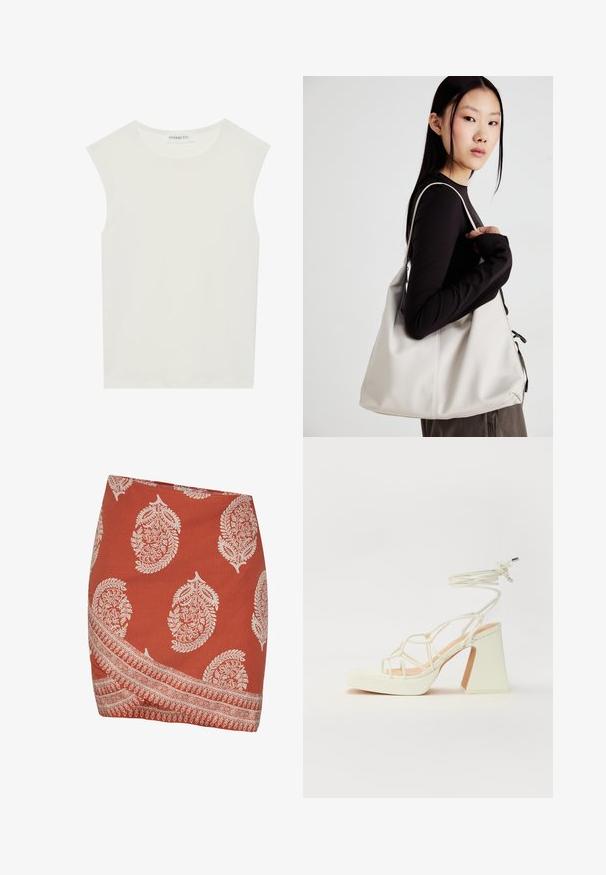 Hvit ermeløs topp med rund hals. Laget av glatt stoff, har den en avslappet passform og minimalistisk design. Ingen mønstre eller detaljer.; Rust-farget skjørt med hvite paisley- og blomster mønstre. Har en skrå skjørtkant og intrikat borderdesign langs den nederste kanten.; Hvit høyhælte sandal med kraftig hæl, med en stroppe-design og ankelbånd. Glatt tekstur med plattform foran for ekstra høyde.; Beige håndveske laget av mykt materiale, med en slapp design, sydd detaljer og to skulderstropper. Passer for daglig bruk.