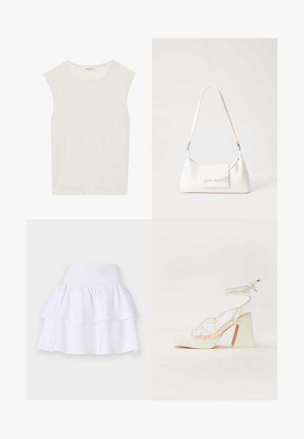Bijela majica bez rukava s okruglim izrezom. Izrađena je od glatkog materijala, nudi opušteni kroj i minimalistički dizajn. Bez uzoraka ili ukrasa.; Bijela suknja s višeslojnim dizajnom izrađena od lagane tkanine, koja ima lepršavi oblik, elastičnu gumicu u struku i dva volančića.; Bijela sandala na visokoj potpetici s debelim petom, s remenom i vezanjem oko gležnja. Glatka tekstura s platformom sprijeda za dodatnu visinu.; Bijela sintetička torbica s trokutastim oblikom, ravnim prednjim poklopcem i detaljem u obliku mašne, podesivom remenom, glatkom teksturom i minimalističkim dizajnom.