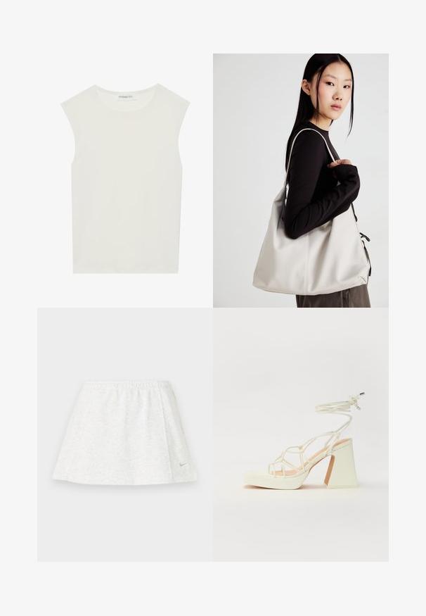 Biely bezrukávový top s okrúhlym výstrihom. Vyrobený z hladkého materiálu, má uvoľnený strih a minimalistický dizajn. Žiadne vzory alebo akcenty.; Biely športový sukňový odev vyrobený z mäkkej a textúrovanej tkaniny, s elastickým pásom a malým zlatým logom Nike na leme.; Biele sandále na vysokom opätku s hrubým podpätkom, s pruhovaným dizajnom a viazaním na členku. Hladký povrch s platformou vpredu pre zvýšenú výšku.; Béžová kabelka vyrobená z mäkkého materiálu, s uvoľneným dizajnom, prišitými detailmi a dvoma popruhmi na nosenie na pleciach. Vhodná na každodenné nosenie.