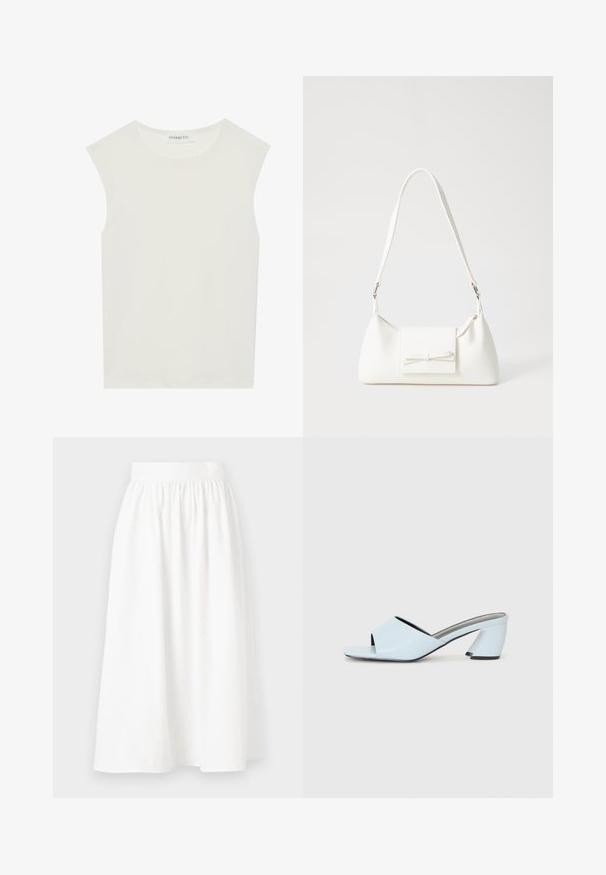 Top branco sem mangas com decote redondo. Feito de um tecido liso, apresenta um corte descontraído e um design minimalista. Sem padrões ou detalhes.; Saia midi branca com uma cintura elástica, apresentando um design franzido para uma silhueta fluida, feita de um tecido leve e suave.; Mules de salto aberto de cor azul clara com um design geométrico, apresentando uma faixa larga sobre o pé e um salto chunky e angular.; Mala sintética branca com formato triangular, aba frontal plana e detalhe de laço, alça ajustável, textura suave e design minimalista.