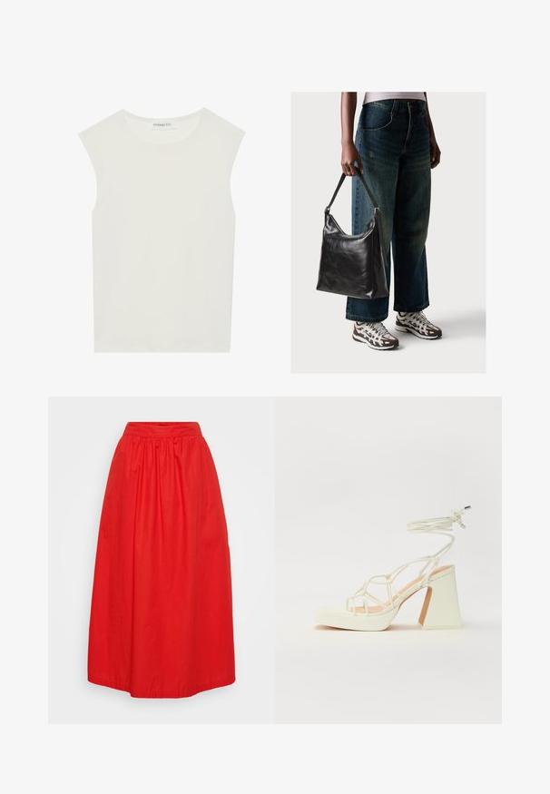 Hvit ermeløs topp med rund hals. Laget av glatt stoff, har den en avslappet passform og minimalistisk design. Ingen mønstre eller detaljer.; Rød ankellang skjørt laget av lett stoff. Har et rynket elastisk liv og en glatt, udekorerte overflate.; Hvit høyhælte sandal med kraftig hæl, med en stroppe-design og ankelbånd. Glatt tekstur med plattform foran for ekstra høyde.; Sort skinnveske med en glatt tekstur og justerbar stropp, kombinert med falmede vide jeans og atletiske sneakers.