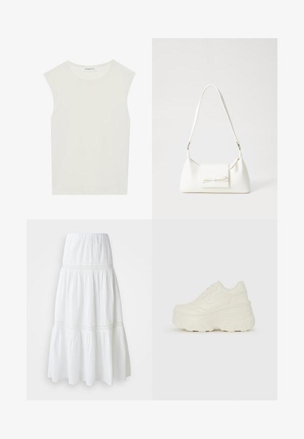 Hvit ermeløs topp med rund hals. Laget av glatt stoff, har den en avslappet passform og minimalistisk design. Ingen mønstre eller detaljer.; Hvit bomull maxi skjørt med et lagdelt design, som har en teksturert midjebånd og dekorativ blonderkant ved sømmene. Myk og flytende stoff.; Hvite plattformsnickers med en glatt læraktig overdel, avrundet form, polstret krage og teksturert gummisåle med tydelige dekk.; Hvit syntetisk håndveske med trekantet form, flat klaff foran og sløyfe detaljer, justerbar stropp, glatt tekstur og minimalistisk design.