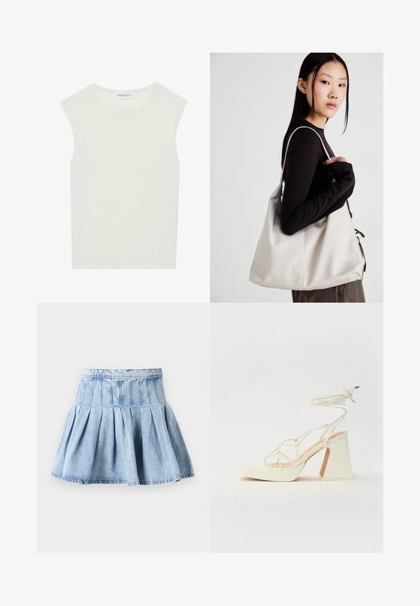 Hvit ermeløs topp med rund hals. Laget av glatt stoff, har den en avslappet passform og minimalistisk design. Ingen mønstre eller detaljer.; Jeanskjørt i lys blå, med en full plissering og en midjebånd. Stoffet har en subtil tekstur med synlige sømdetaljer.; Hvit høyhælte sandal med kraftig hæl, med en stroppe-design og ankelbånd. Glatt tekstur med plattform foran for ekstra høyde.; Beige håndveske laget av mykt materiale, med en slapp design, sydd detaljer og to skulderstropper. Passer for daglig bruk.