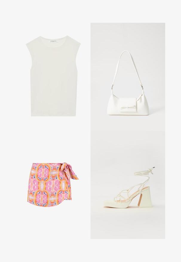 Balts bez piedurknēm tops ar apaļu kakla izgriezumu. Izgatavots no gludas auduma, tam ir brīvs piegriezums un minimālistisks dizains. Nav nekādas rakstainības vai akcentu.; Klasiska svārku mode no daudzkrāsaina auduma ar dzīvīgu ziedu un paisley rakstu, ar sānu saišu detaļu un asimetrisku apakšmalu.; Baltas augstpapēžu sandales ar masīvu papēdi, ar siksnu dizainu un potītes saistītiem elementiem. Gluda tekstūra ar platformu priekšpusē, lai nodrošinātu papildu augstumu.; Balta sintētiska soma ar trīsstūrveida formu, plakanu priekšējo vāciņu un loku detaļu, regulējamu siksnu, gludu tekstūru un minimālistisku dizainu.