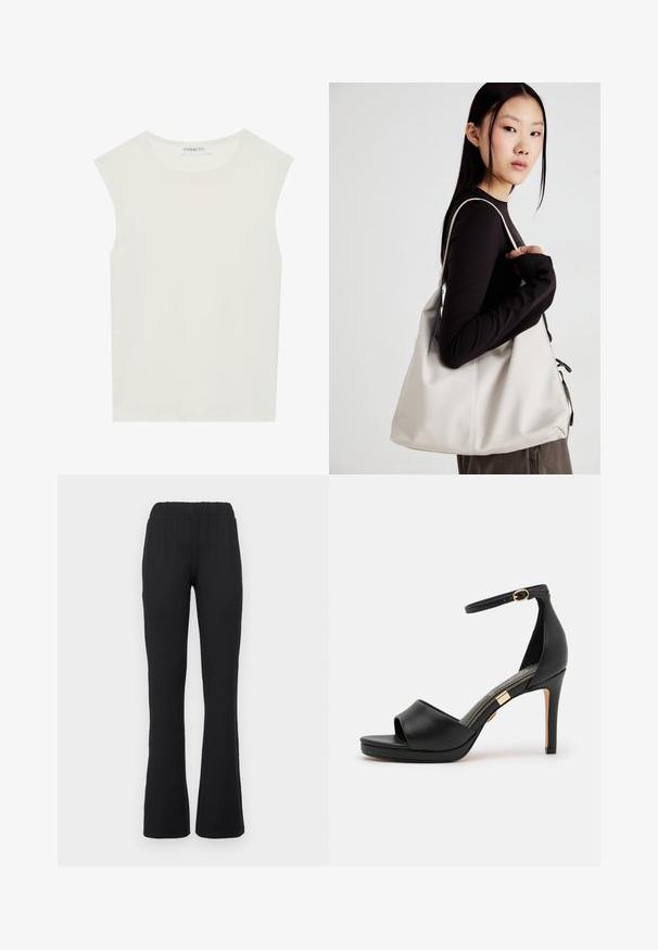 Top alb fără mâneci, cu decolteu rotund. Fabricat dintr-un material neted, prezintă o croială lejeră și un design minimalist. Fără modele sau accente.; Pantaloni negri, evazați, cu talie elastică, având o textură netedă și fără modele vizibile sau detalii din metal.; Sandal cu toc înalt din piele neagră, cu vârf deschis și bretea pentru gleznă. Prezintă un finisaj neted, un accent ton de aur aproape de tocul, și un design curbat.; Geantă bej din material moale, cu un design lejer, detalii cusute și două bretele pentru umăr. Potrivită pentru utilizarea zilnică.