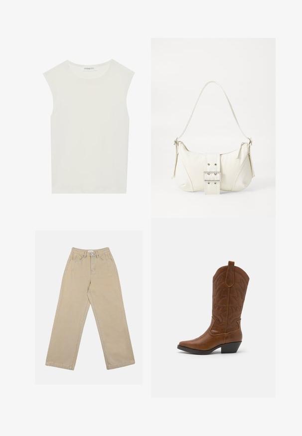 Valge ilma varrukateta topp ümmarguse kaelusega. Valmistatud siledast kangast, sellel on mugav lõige ja minimalistlik disain. Ei ole mustreid ega aksessuaare.; Bežid laiad püksid, mis on valmistatud denimist, kõrge vöökoha, ees olevate taskute ja kontrastsete õmblustega. Kujunduses on ka nupplukke.; ONLY SHOES ONLBRONCO - Kauboi-/mootorrattasaapad - brown; Valge õlakott tekstuuriga viimistlusega, keskel kinnitatud pandlaga ja kõverate kujunditega. Tõmblukuga kinnitused mõlemal küljel.