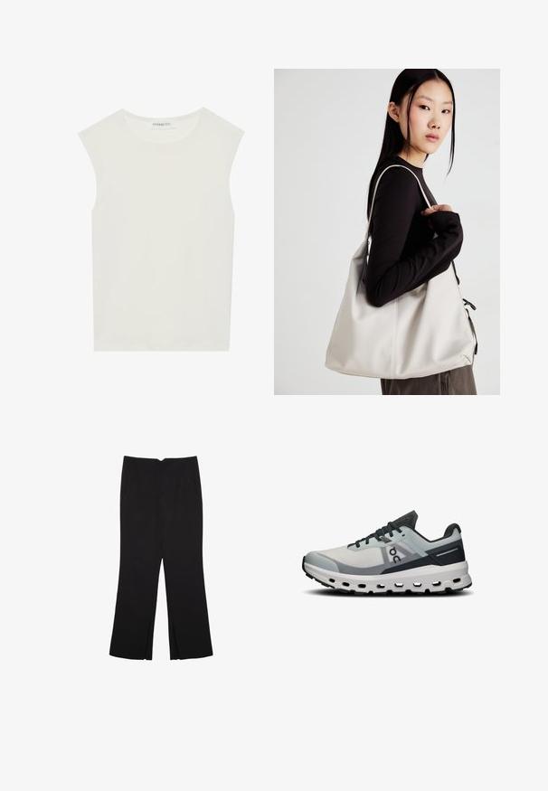 Biała bezrękawnik z okrągłym dekoltem. Wykonana z gładkiego materiału, ma luźny krój i minimalistyczny design. Bez wzorów ani akcentów.; Czarne spodnie o prostym kroju, z przednimi kieszeniami i bocznymi rozcięciami na dole. Wykonane z miękkiego, gładkiego materiału. Odpowiednie na różne okazje.; Buty do biegania z jasnoszarym siateczkowym wierzchem, ciemnoniebieskimi akcentami i grubą białą podeszwą środkową z wycięciami. Sznurówki w ciemnoszarym kolorze.; Beżowa torebka wykonana z miękkiego materiału, charakteryzująca się luźnym fasonem, wyszywanymi detalami i dwoma uchwytami na ramię. Idealna na co dzień.