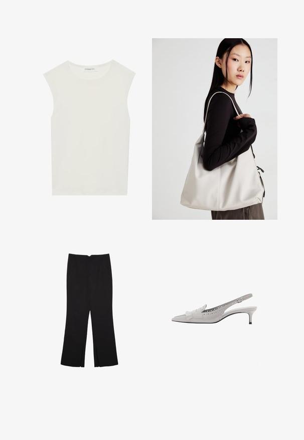Valkoinen hihaton paita, jossa on pyöreä kaula-aukko. Valmistettu sileästä kankaasta, siinä on rento istuvuus ja minimalistinen muotoilu. Ei kuvioita tai koristeita.; Mustat housut suoralinjaisella leikkauksella, joissa on etutaskut ja sivurei'ät helman alla. Valmistettu pehmeästä ja sileästä kankaasta. Sopii eri tilaisuuksiin.; Slingback-korkokenkiä vaaleanharmaasta nahasta, joissa on teräväkärkinen muotoilu, reikäkoristeet ja pieni koristeellinen fringi-yksityiskohta. 3-tuumainen korko.; Beige laukku, joka on valmistettu pehmeästä materiaalista, ja siinä on rento muotoilu, ommeltu yksityiskohtia ja kaksi olkahihnaa. Sopii päivittäiseen käyttöön.