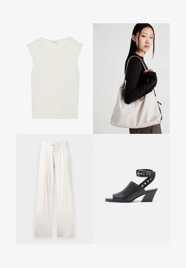 White sleeveless top with a round neckline. Made of smooth fabric, it features a relaxed fit and minimalist design. No patterns or accents.; Light beige sweatpants made of soft fabric, featuring a drawstring waist, wide legs, and vertical seams, with a smooth texture.; Open-toe black leather heeled sandal with ankle strap, featuring a buckle closure and silver stud accents on the strap, with a block heel.; Beige handbag made of soft material, featuring a slouchy design, stitched detailing, and two shoulder straps. Suitable for everyday use.