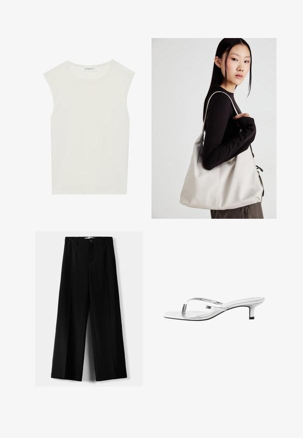 Haut sans manches blanc avec un col rond. Fabriqué en tissu lisse, il présente une coupe décontractée et un design minimaliste. Pas de motifs ni d'accents.; Pantalons larges noirs en tissu léger, avec une fermeture à bouton à l'avant et un devant plat, dotés d'ourlets soigneusement cousus.; Next SIGNATURE TOE POST REGULAR FIT - Sandales tongs - silver; Sac à main beige en matériau souple, avec un design décontracté, des détails cousus et deux poignées. Idéal pour un usage quotidien.