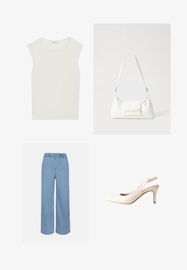 Top blanco sin mangas con escote redondo. Hecho de una tela suave, presenta un corte relajado y un diseño minimalista. Sin patrones ni acentos.; Vaqueros de pierna ancha azul claro, confeccionados en denim, que cuentan con una cintura elástica y detalles de costura sutiles en los bolsillos delanteros y traseros.; Zapato de tacón slingback de charol beige con punta afilada, tacón delgado y correa ajustable con hebilla en el lateral. Textura suave y brillante.; Bolso sintético blanco con forma triangular, tapa frontal plana y detalle de lazo, correa ajustable, textura suave y diseño minimalista.