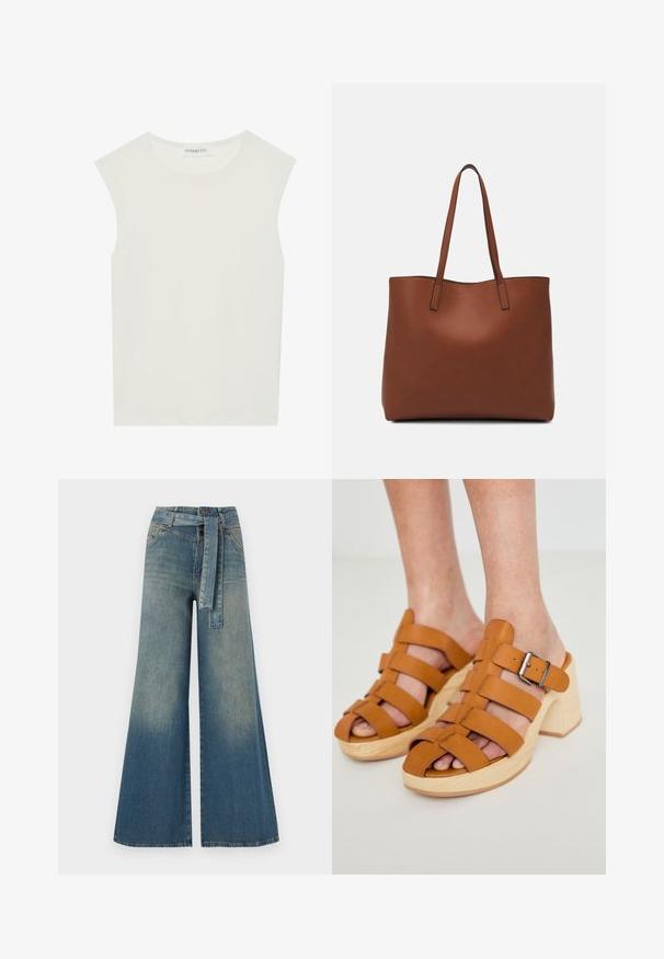 Hvit ermeløs topp med rund hals. Laget av glatt stoff, har den en avslappet passform og minimalistisk design. Ingen mønstre eller detaljer.; Bredde ben jeans med en lyseblå til mørkeblå gradient, høyt liv, beltehemper og et matchende belte i samme stoff. Teksturert denimoverflate.; Brune lærplattform sandaler med åpne tær, med horisontale stropper og en metallspenne, plassert på en lysetræ blokkhelt.; Brun lær tote veske med en jevn tekstur, åpen toppdesign og to skulderstropper. Har minimal søm og ingen synlige spiker.
