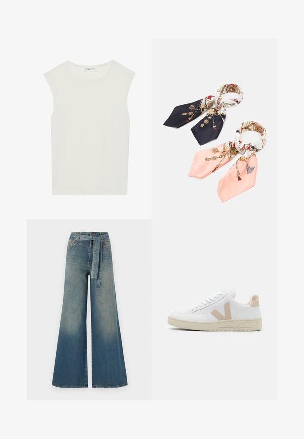 Top bianco senza maniche con scollatura rotonda. Realizzato in tessuto liscio, presenta una vestibilità rilassata e un design minimalista. Nessun motivo o accentuazione.; Pantaloni in denim a gamba larga con una sfumatura che va dal blu chiaro al blu scuro, vita alta, passanti per cintura e una cintura in tessuto coordinato. Finitura in denim strutturato.; Sneaker bianco con accenti in suede beige, punta rotonda e stringhe bianche. Suola in gomma testurizzata e dettaglio del logo sul tallone.; Anna Field 2 PACK - Foulard - dark blue/pink