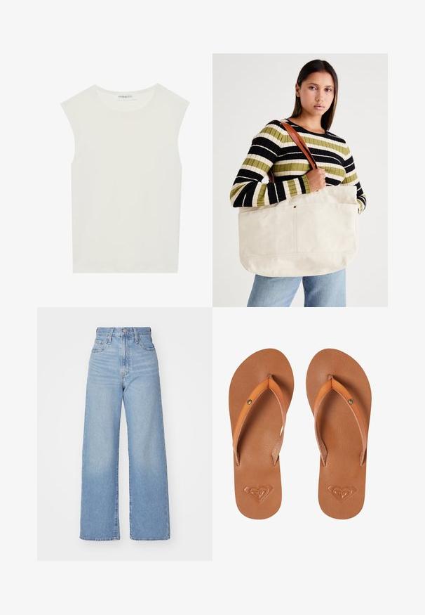 White sleeveless top with a round neckline. Made of smooth fabric, it features a relaxed fit and minimalist design. No patterns or accents.; Light blue high-waist wide-leg jeans with front button and zip closure, front and back pockets, on a white background.; Brown synthetic flip-flops with orange straps, textured surface, and embossed heart logo detail on the sole.; Large beige canvas tote bag with brown leather straps, featuring a minimal design and visible stitching accents.