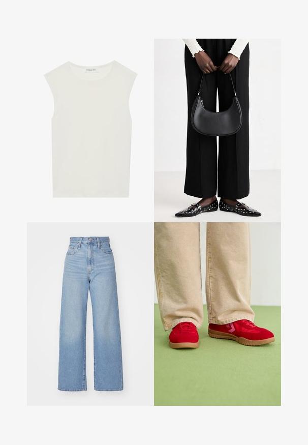 White sleeveless top with a round neckline. Made of smooth fabric, it features a relaxed fit and minimalist design. No patterns or accents.; Light blue high-waist wide-leg jeans with front button and zip closure, front and back pockets, on a white background.; Red suede sneakers with a flat rubber sole and pink accents, paired with beige wide-leg pants on a green floor.; Black leather shoulder bag with a rounded shape, glossy finish, and silver hardware. Person wearing black wide-leg pants and studded loafers.