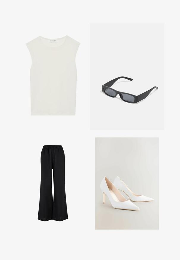 Haut sans manches blanc avec un col rond. Fabriqué en tissu lisse, il présente une coupe décontractée et un design minimaliste. Pas de motifs ni d'accents.; Pantalons larges noirs en tissu léger. Dotés d'une taille élastique et d'un design fluide atteignant le sol.; Escarpins blancs à talons hauts, à bout pointu et surface mate lisse. Dotés d'un talon élancé et d'un intérieur nude. Design minimaliste.; Lunettes de soleil noires rectangulaires avec des verres foncés et des montures en mat épais. Les branches sont légèrement effilées avec une texture lisse.; Sac à main en cuir vert olive, de forme arrondie, avec deux poignées et une façade sans couture. Il présente une texture lisse et des détails de couture subtils.