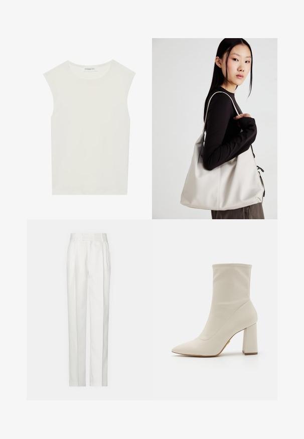 Fehér ujjatlan felső, kerek nyakkivágással. Simább anyagból készült, laza fazonnal és minimalista kialakítással rendelkezik. Nincsenek minták vagy díszítések.; Fehér csíkozott nadrág, egyenes lábformával, könnyű anyagból készült. Elöl plisszírozott rész és hagyományos derékszíj jellemzi.; ALDO FIGTREE PILLOW WALK - Magassarkú bokacsizmák - white/bone; Puha anyagból készült bézs kézitáska, laza dizájnnal, varrott részletekkel és két vállpánttal. Mindennapi használatra alkalmas.