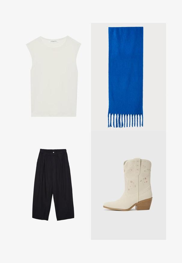Weißes ärmelloses Top mit rundem Ausschnitt. Hergestellt aus glattem Stoff, hat es einen lässigen Schnitt und minimalistisches Design. Keine Muster oder Akzente.; Schwarze Polyester-Culotte mit einem elastischen Bund, zwei vorderen Falten und einer lockeren Silhouette. Keine sichtbaren Muster oder Hardware-Details.; Weißes Leder-Cowboy-Boot mit floraler Stickerei, spitzer Zehe und einem gestapelten Holzabsatz. Verfügt über dekorative Nähte am Schaft.; Blauer gefranster Schal aus weichem Stoff; hat eine einfarbige Oberfläche mit strukturierter Textur und gleichmäßig geschnittenem Fransen am unteren Ende.; Schwarze Lederhandtasche mit strukturiertem Design, oberem Griff und einem goldenen Metallschnappverschluss auf der Vorderseite. Glatte Textur, minimale Nähte.