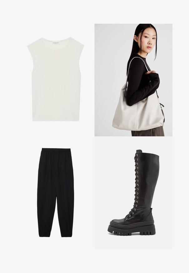 Fehér ujjatlan felső, kerek nyakkivágással. Simább anyagból készült, laza fazonnal és minimalista kialakítással rendelkezik. Nincsenek minták vagy díszítések.; Fekete, könnyű nadrág elasztikus derékkal és ráncolt bokákkal. Az anyag sima és laza, szűkített dizájnnal rendelkezik.; Steve Madden CARINA - Platform csizmák - black; Puha anyagból készült bézs kézitáska, laza dizájnnal, varrott részletekkel és két vállpánttal. Mindennapi használatra alkalmas.