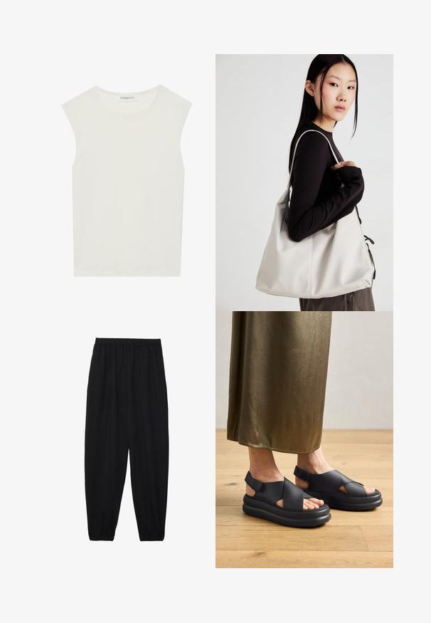 Balts bez piedurknēm tops ar apaļu kakla izgriezumu. Izgatavots no gludas auduma, tam ir brīvs piegriezums un minimālistisks dizains. Nav nekādas rakstainības vai akcentu.; Melnas, vieglas bikses ar elastīgu jostu un savilktiem potītiem. Audums ir gluds un to raksturo brīva, sašaurināta forma.; Melnas platformas sandales ar krustojošām siksnām un atklātu papēdi, izgatavotas no gludas materiāla, valkātas ar plūstošu olīvzaļo svārku uz koka grīdas.; Bežs rokassoma, izgatavota no mīksta materiāla, ar brīvu dizainu, izšūtu apdari un divām plecu siksnām. Piemērota ikdienas lietošanai.