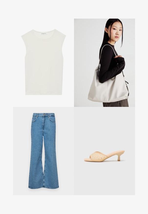 Witte mouwloze top met een ronde halslijn. Gemaakt van gladde stof, het heeft een losse pasvorm en een minimalistisch ontwerp. Geen patronen of accenten.; Lichtblauwe flared jeans van denim, met een hoge taille, vijf zakken en een enkele knoopsluiting. Zachte textuur met een vervaagde afwerking.; Beige open-toe hakken mules met een soepele matte afwerking, voorzien van decoratieve heldere rijen stenen in een patroon op de bovenkant.; Beige handtas gemaakt van zacht materiaal, met een slonzig ontwerp, gestikte details en twee schouderbanden. Geschikt voor dagelijks gebruik.