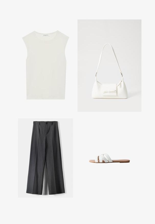 White sleeveless top with a round neckline. Made of smooth fabric, it features a relaxed fit and minimalist design. No patterns or accents.; Wide-leg trousers in dark grey fabric, featuring a button closure, front pleats, and belt loops. Smooth texture with a tailored design.; White flat slide sandal with three crisscross straps. Soft, synthetic upper and plain beige sole. Minimalist design with no additional patterns.; White synthetic handbag with a triangular shape, flat front flap and bow detail, adjustable strap, smooth texture, and minimalistic design.