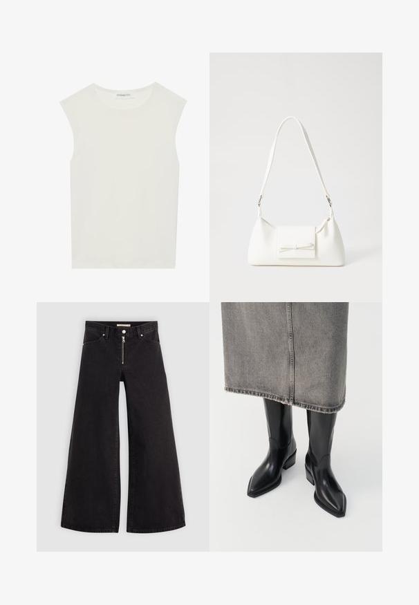 Balts bez piedurknēm tops ar apaļu kakla izgriezumu. Izgatavots no gludas auduma, tam ir brīvs piegriezums un minimālistisks dizains. Nav nekādas rakstainības vai akcentu.; Platas kājas džinsi melnā džinsa audumā ar rāvējslēdzēju priekšā, piecu kabatu dizains un smalkas šuvju detaļas. Gluda tekstūra un ikdienišķs stils.; Melnas ādas kovboju zābaki ar norādītu purngalu un masīlu papēdi, ar gludu apdari un elegantu dizainu, saskaņoti ar pelēku svārku.; Balta sintētiska soma ar trīsstūrveida formu, plakanu priekšējo vāciņu un loku detaļu, regulējamu siksnu, gludu tekstūru un minimālistisku dizainu.