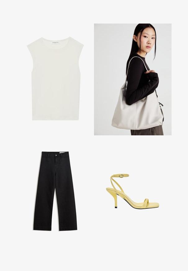 Witte mouwloze top met een ronde halslijn. Gemaakt van gladde stof, het heeft een losse pasvorm en een minimalistisch ontwerp. Geen patronen of accenten.; Zwarte denim broek met wijde pijpen en een hoge taille, voorzien van voor- en achterzakken, gestikte naden en een knoopsluiting. Gladde textuur.; Geel leren slingback sandalen met hoge hakken, een vierkante neus, een dunne enkelband en een glanzende afwerking, met een zwarte hakaccent.; Beige handtas gemaakt van zacht materiaal, met een slonzig ontwerp, gestikte details en twee schouderbanden. Geschikt voor dagelijks gebruik.