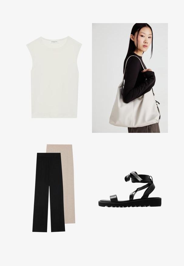 Valkoinen hihaton paita, jossa on pyöreä kaula-aukko. Valmistettu sileästä kankaasta, siinä on rento istuvuus ja minimalistinen muotoilu. Ei kuvioita tai koristeita.; Mustat ja beige leveälahkeiset housut, joissa on joustava vyötärö; pehmeä, kevyt kangas; sileä pinta; vähäiset saumat.; Mustat sandaalit, joissa on teksturoitu pohja, ohuet hihnat ja solmittu muotoilu. Valmistettu silkkisestä materiaalista, moderni muoto ja avonaiset varpaat.; Beige laukku, joka on valmistettu pehmeästä materiaalista, ja siinä on rento muotoilu, ommeltu yksityiskohtia ja kaksi olkahihnaa. Sopii päivittäiseen käyttöön.
