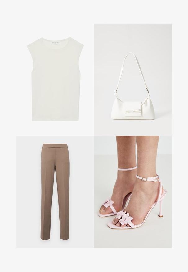 Balts bez piedurknēm tops ar apaļu kakla izgriezumu. Izgatavots no gludas auduma, tam ir brīvs piegriezums un minimālistisks dizains. Nav nekādas rakstainības vai akcentu.; Brūnas, pieguļošas bikses ar gludu, elastīgu audumu. Taisnas kājas un plakana jostasvieta bez redzamām detaļām vai kabatām.; Rozā augstpapēžu sandales ar ziedu aplikācijām, platu potītes siksniņu un atvērtu purngalu. Gluda tekstūra un norādītu purngala forma.; Balta sintētiska soma ar trīsstūrveida formu, plakanu priekšējo vāciņu un loku detaļu, regulējamu siksnu, gludu tekstūru un minimālistisku dizainu.